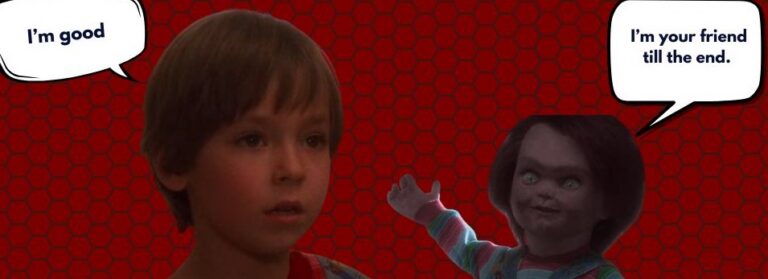 cover image for 'smartest kids in horror' article featuring andy from child's play facing the chucky doll